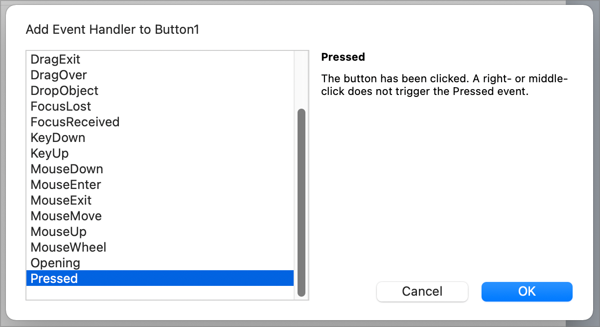 Add Event Handler Dialog showing DesktopButton Pressed Event Selected