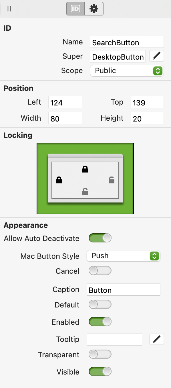 Inspector showing properties of DesktopButton