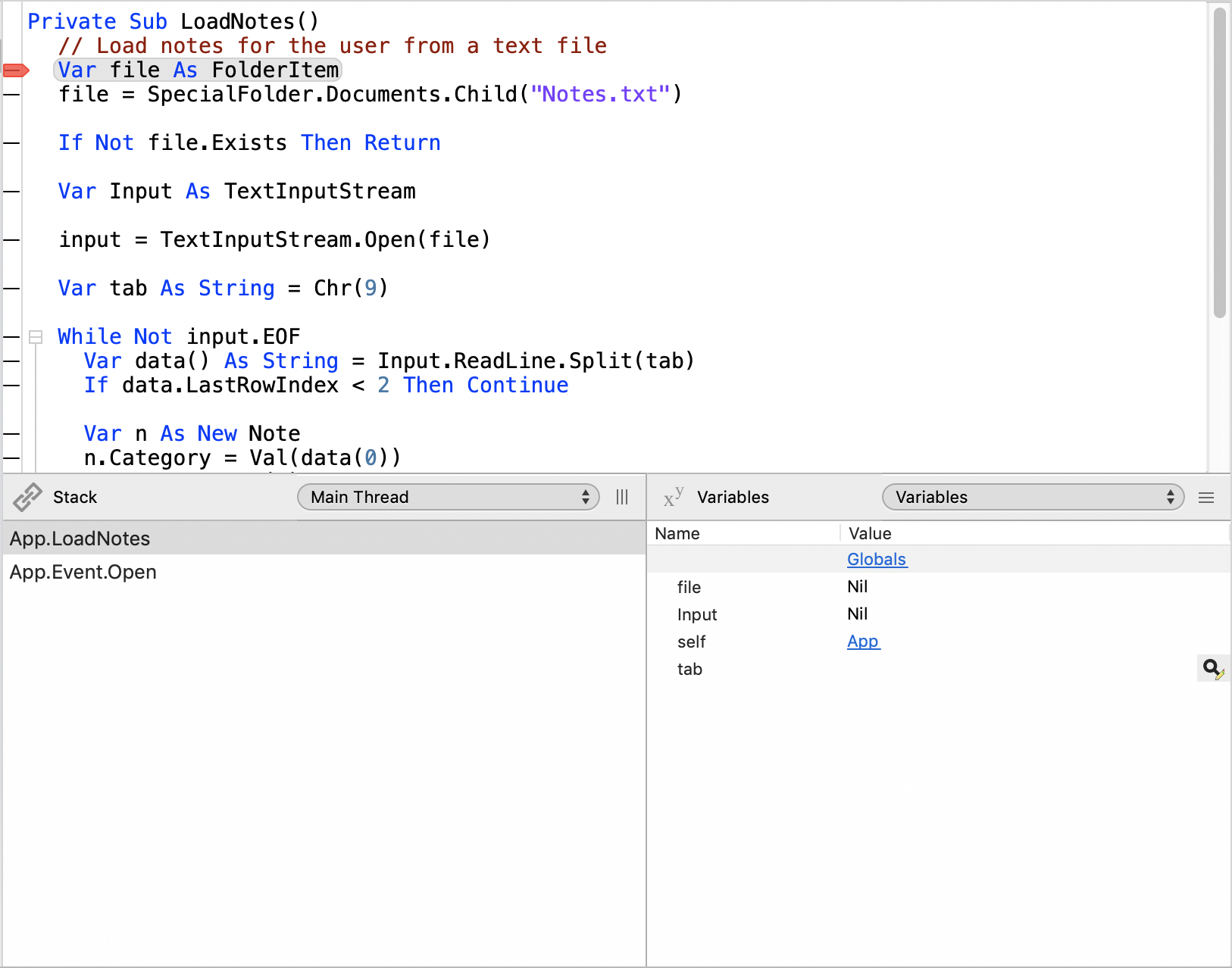 Debugger with Variables Pane