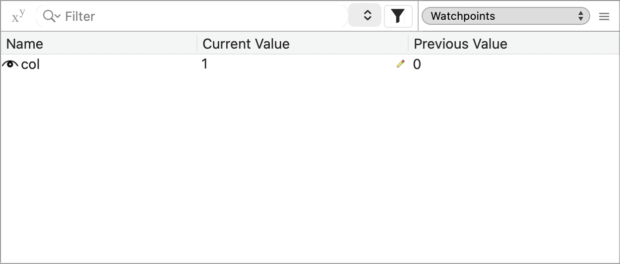 The watchpoints pane showing a variable that is being watched, its current value and its previous value.